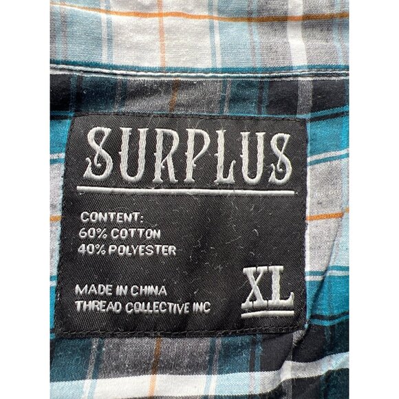 Surplus Plaid Shirt Size XL Short Sleeve Button Front Teal White Western Preppy - Picture 3 of 7